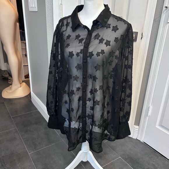 Torrid Women’s Size 2 Star Embroidered Sheer Mesh Blouse – Black Button Down - Picture 1 of 6